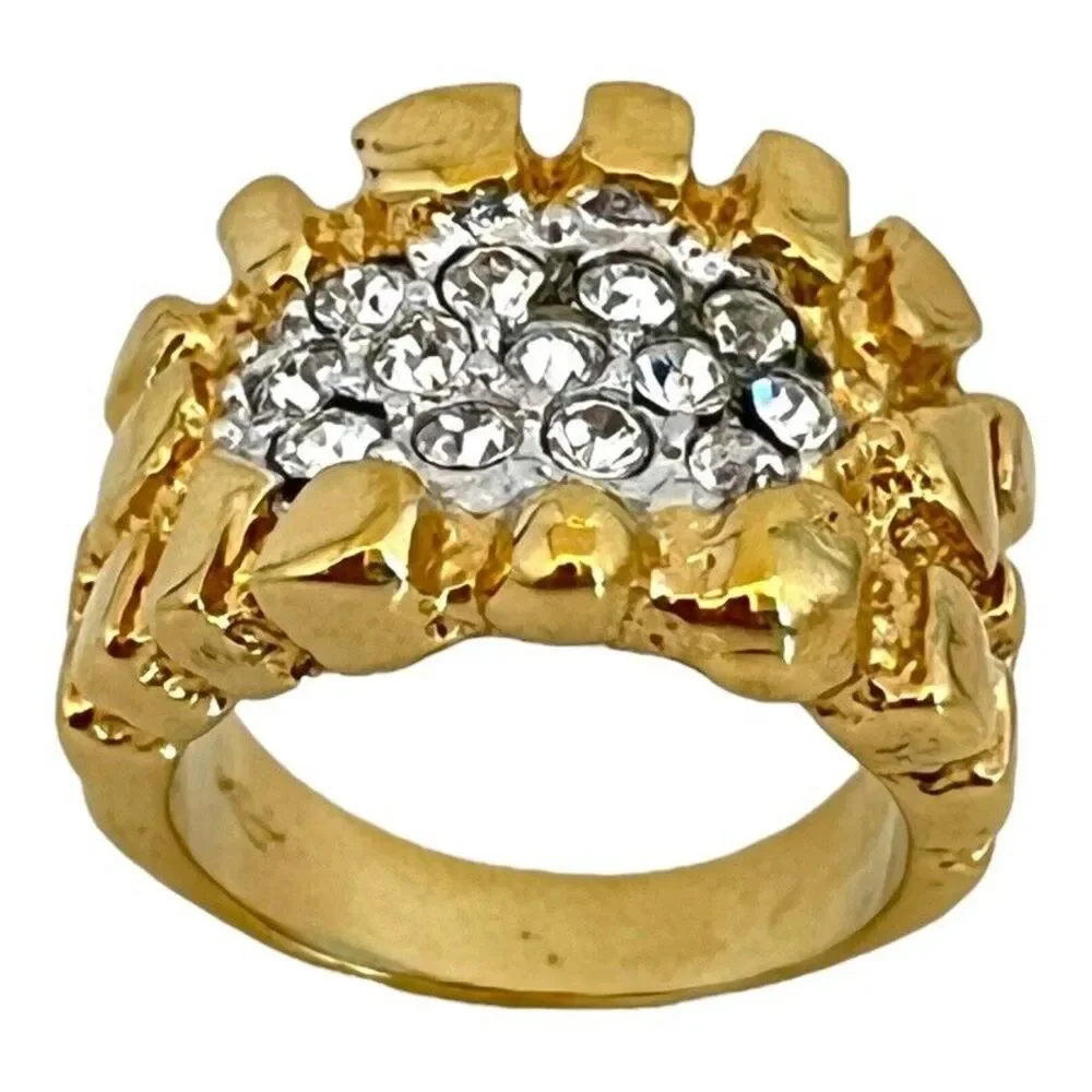 Vintage 1970s Nugget Ring Crystal Accents 14K Gold Plate Mens Size 9 - 5J